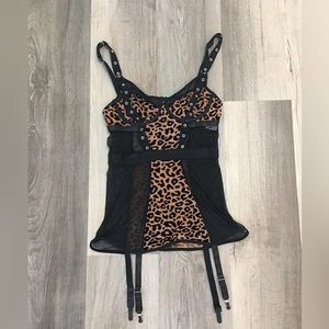 Leopard and black lingerie top with garter attachment.